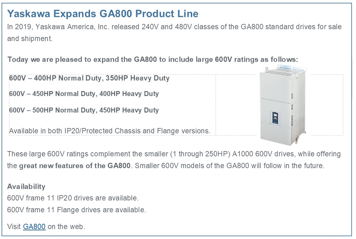 Yaskawa Expands GA800 Product Line